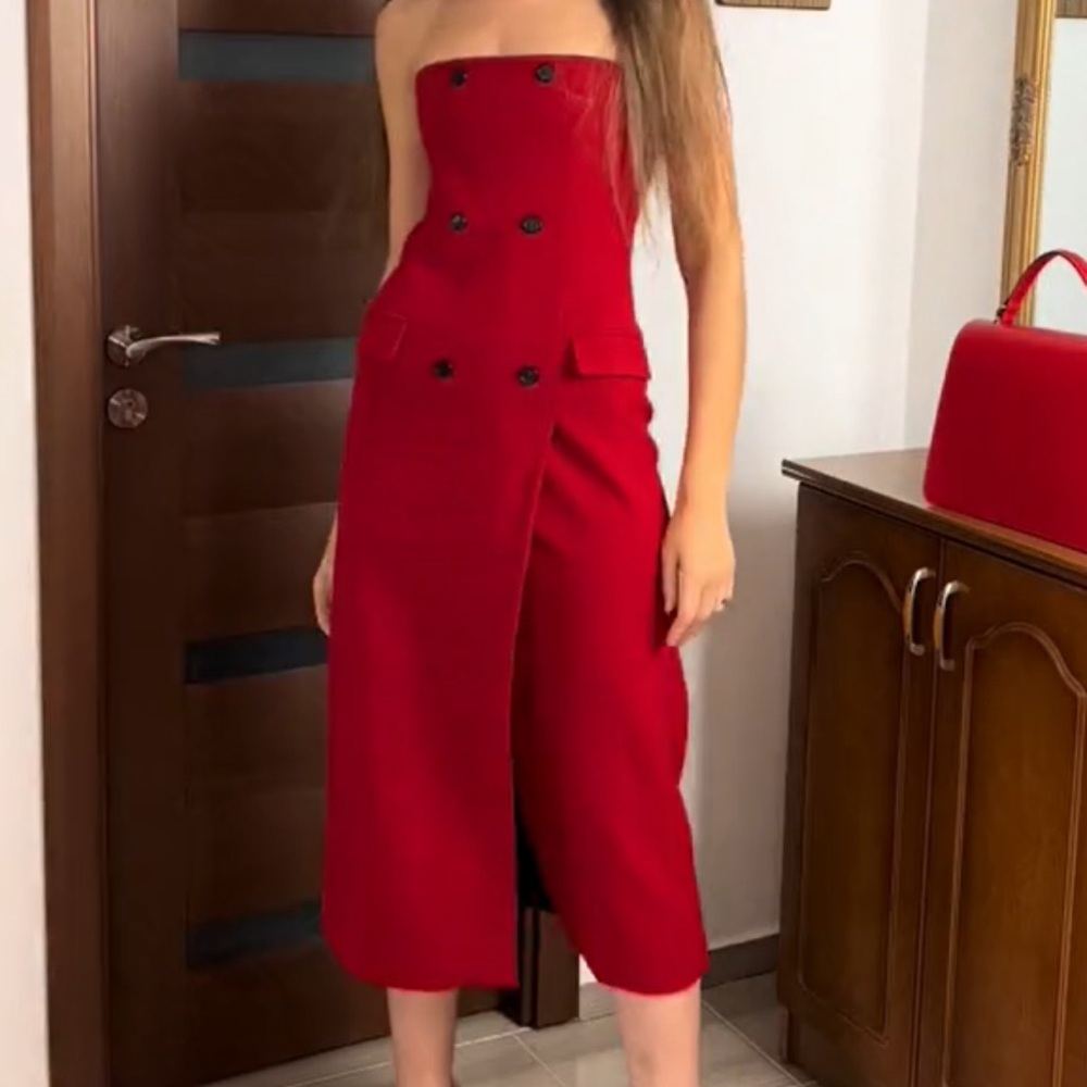 Zara ZW Collection Strapless Dress With Pockets Bright Red M 8659/707 New